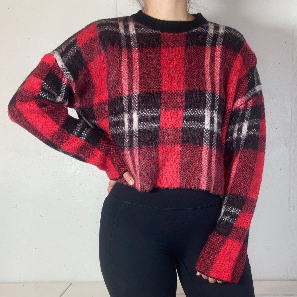 Brushed Wool Look Red + Black Plaid Winter Plaid Knit Sweater